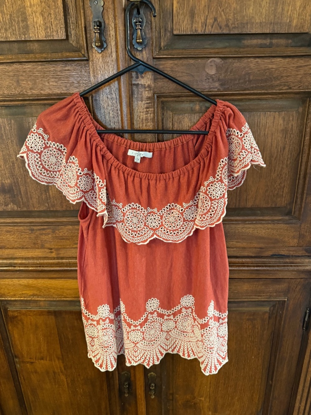 Fever Rust Red Off-Shoulder Embroidered Blouse